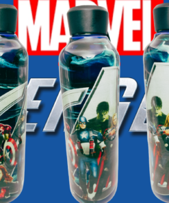 Marvel Avengers Movie Water Bottle lifestyle image with multiple character views and Avengers logo background