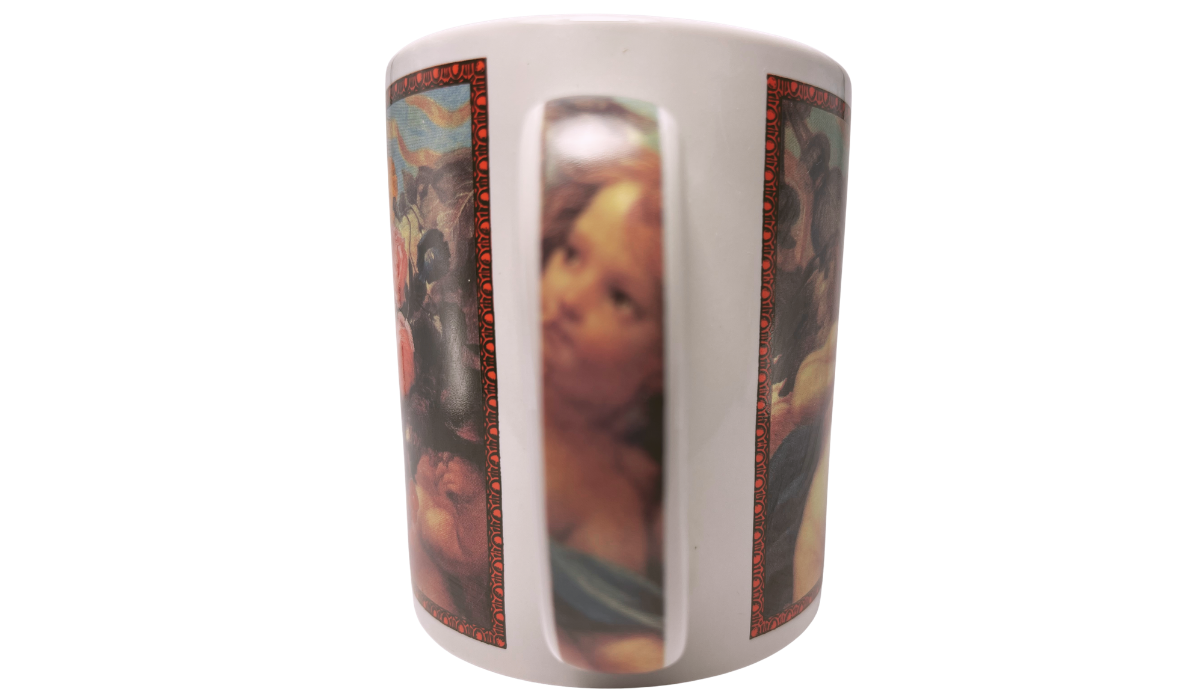 Cafe Arts Raphael Cherubs mug handle view with a cherub portrait printed on the white handle