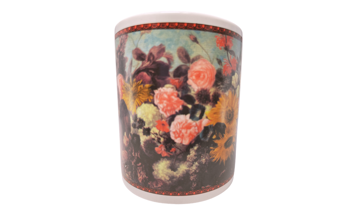 Cafe Arts Raphael Cherubs mug middle view with roses, sunflowers, and classical floral artwork