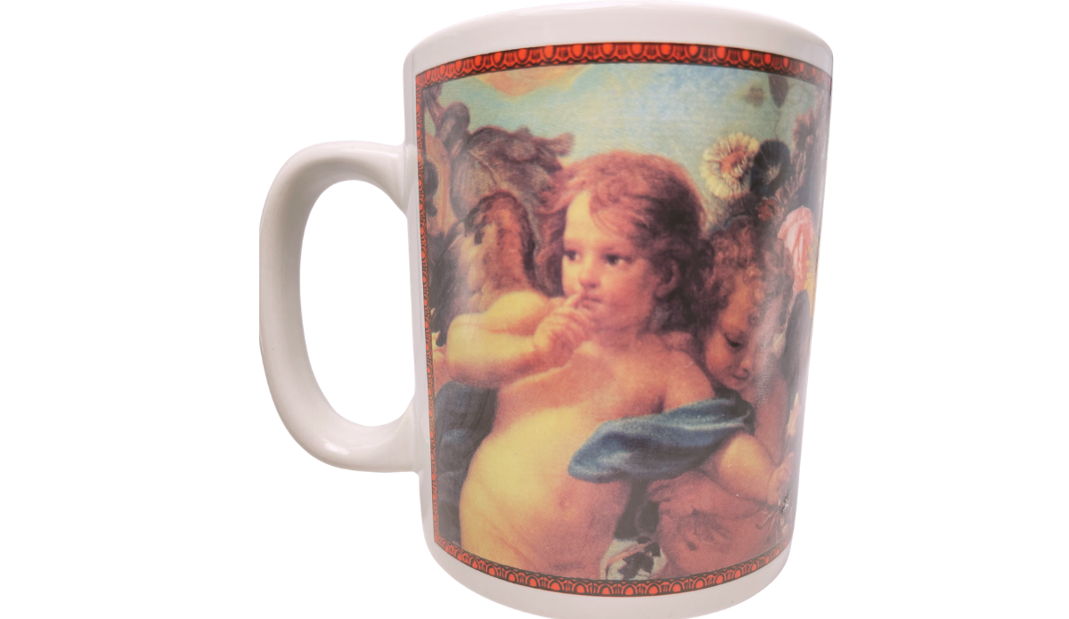 Cafe Arts Raphael Cherubs mug back view with two classical angels and blue drapery