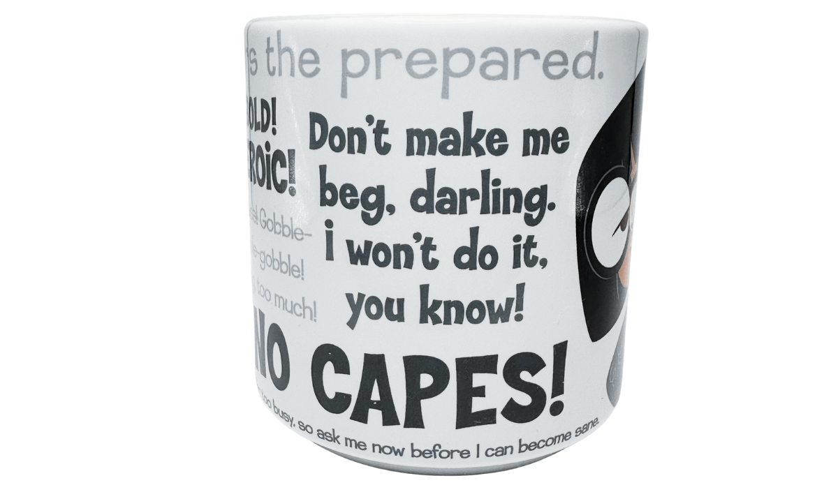 Disney Pixar Edna Mode No Capes mug with wraparound quote typography
