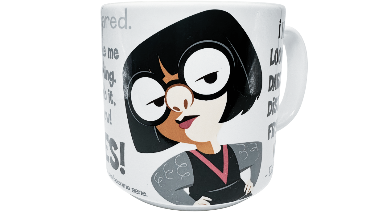 Disney Pixar Edna Mode mug with large character portrait and surrounding quotes