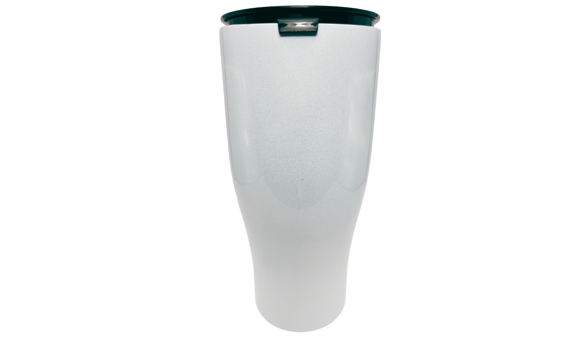 Funny Redhead Tumbler back view with white tapered stainless steel body and dark lid
