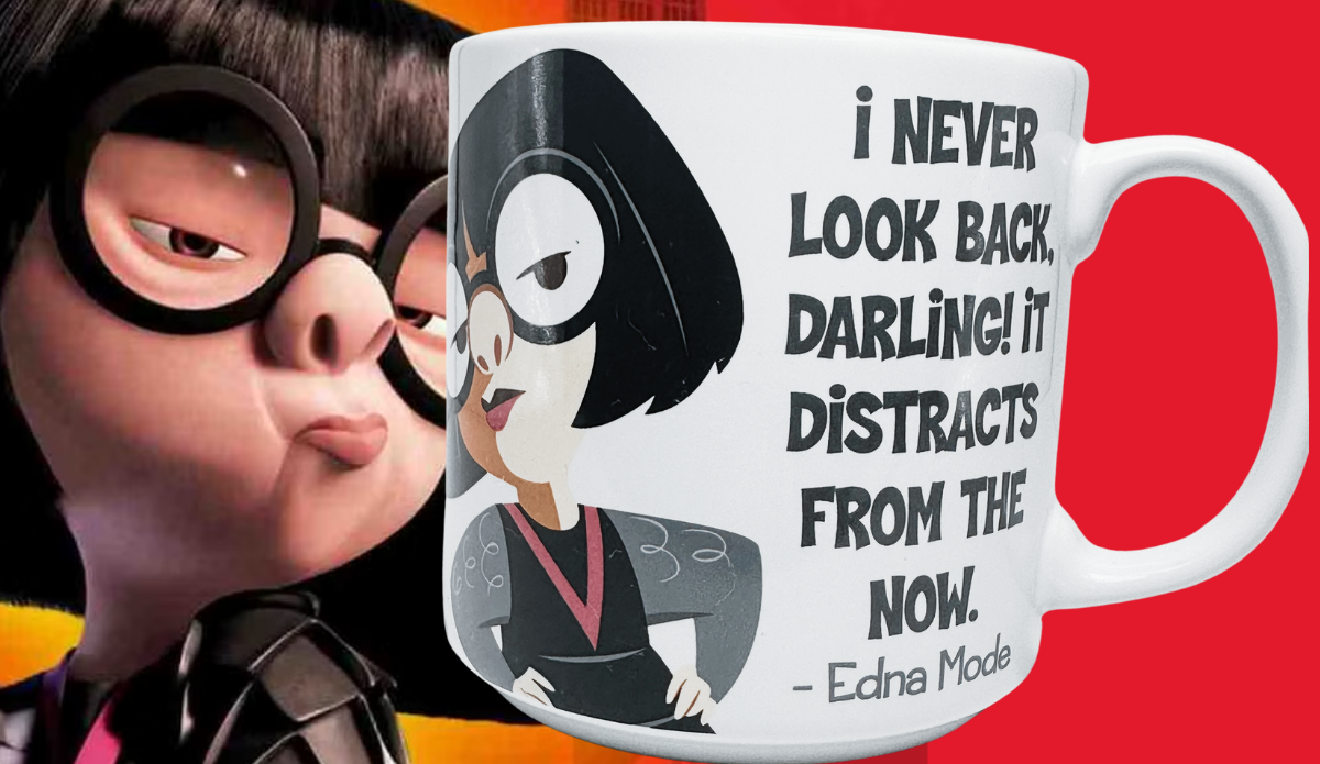 Disney Pixar Edna Mode Quotes Mug displayed with Edna Mode character backdrop