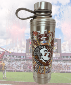 Florida State Catstudio Water Bottle displayed at Florida State football stadium with Osceola and Renegade
