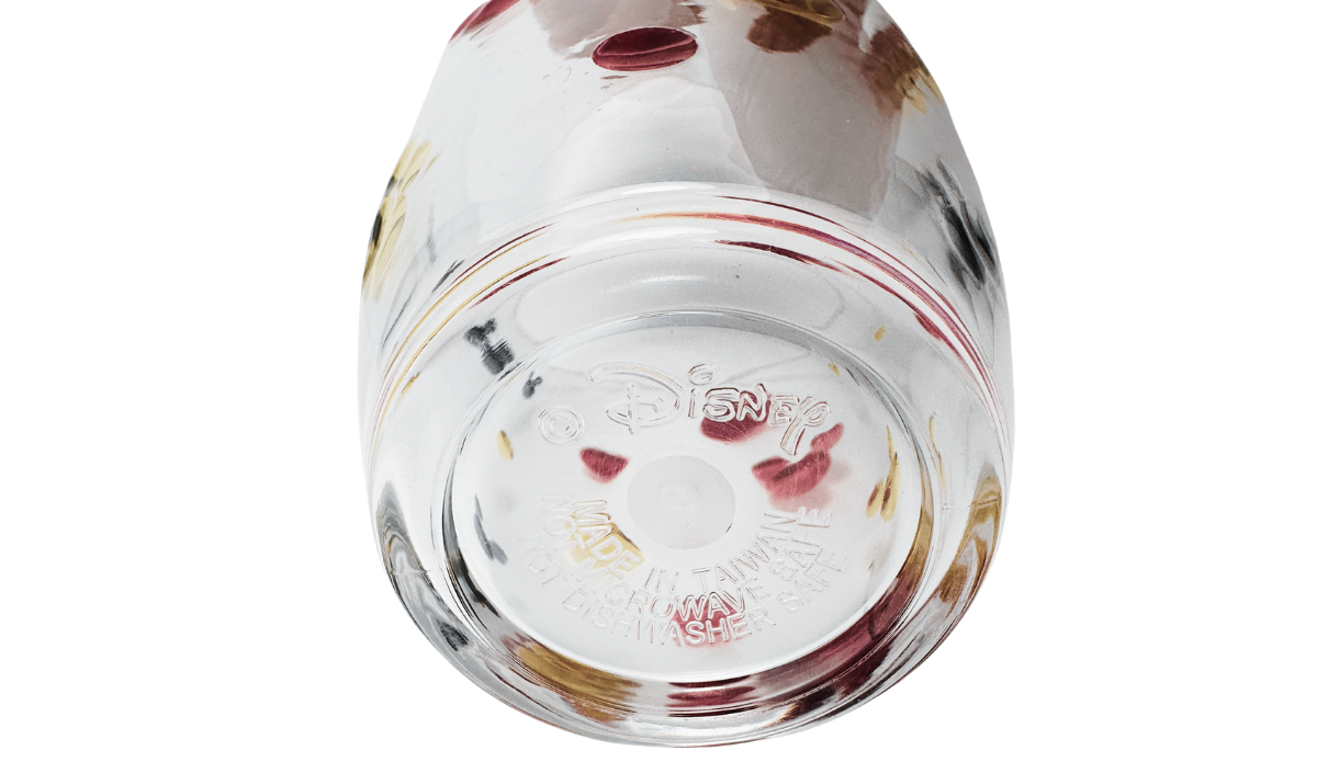 Bottom of vintage Disney Mickey Mouse acrylic tumbler marked Disney and Made in Taiwan