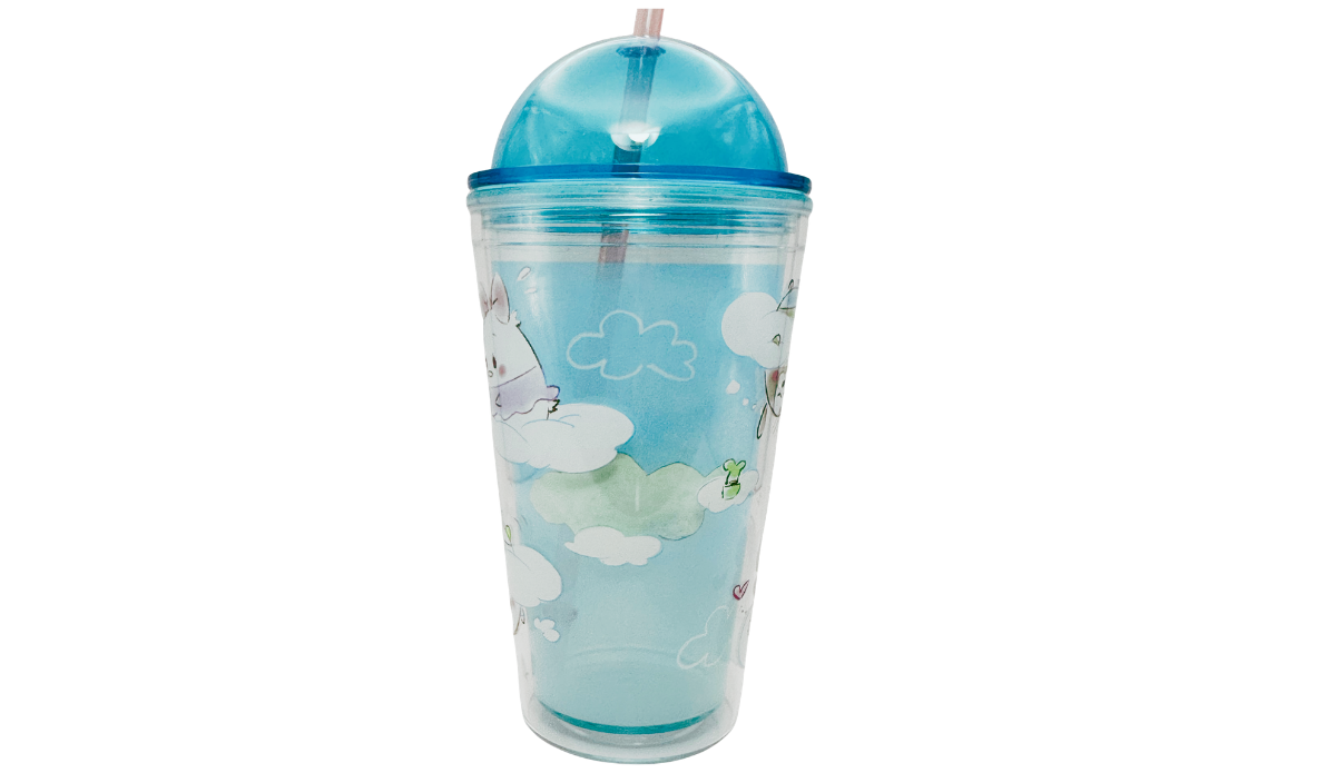 Disney Ufufy tumbler wraparound view with pastel clouds and sleeping character artwork