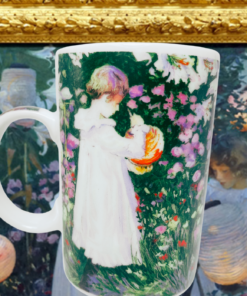 Chaleur A Day in Bloom mug displayed before John Singer Sargent’s Carnation, Lily, Lily, Rose painting