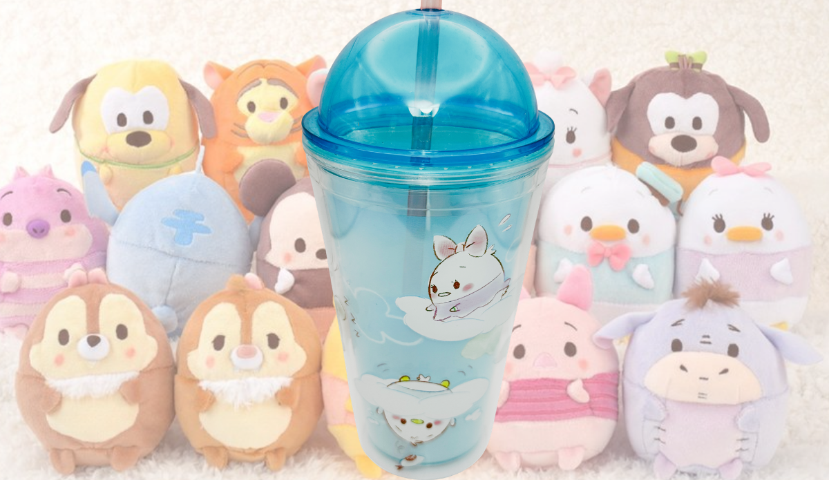 Disney Ufufy Dome Tumbler displayed with pastel Disney plush character backdrop