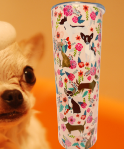 Chihuahua Tumbler lifestyle scene with Chihuahua dog and colorful floral drinkware