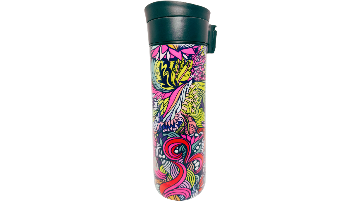TAL Floral Water Bottle main view with vivid pink lime teal and lavender botanical wraparound artwork