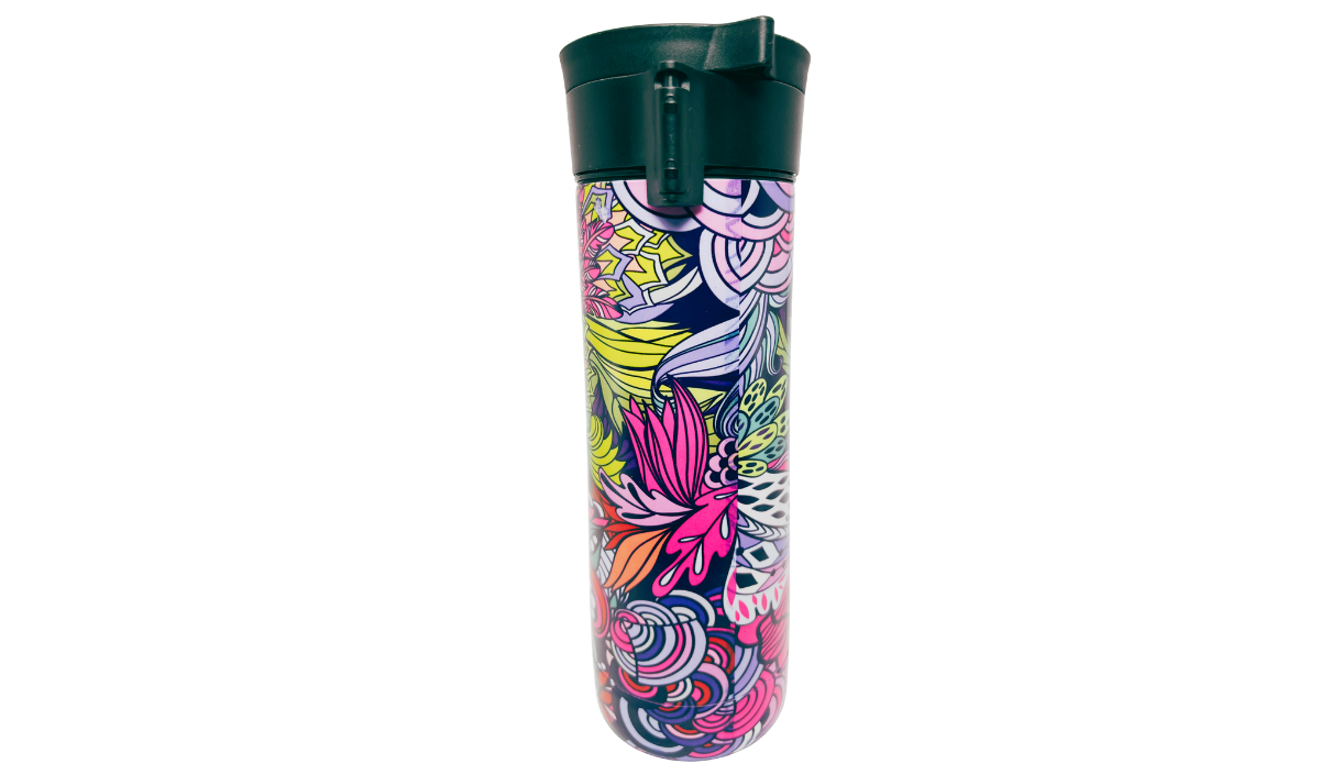 TAL Floral Water Bottle back view with dark lid latch and colorful botanical pattern