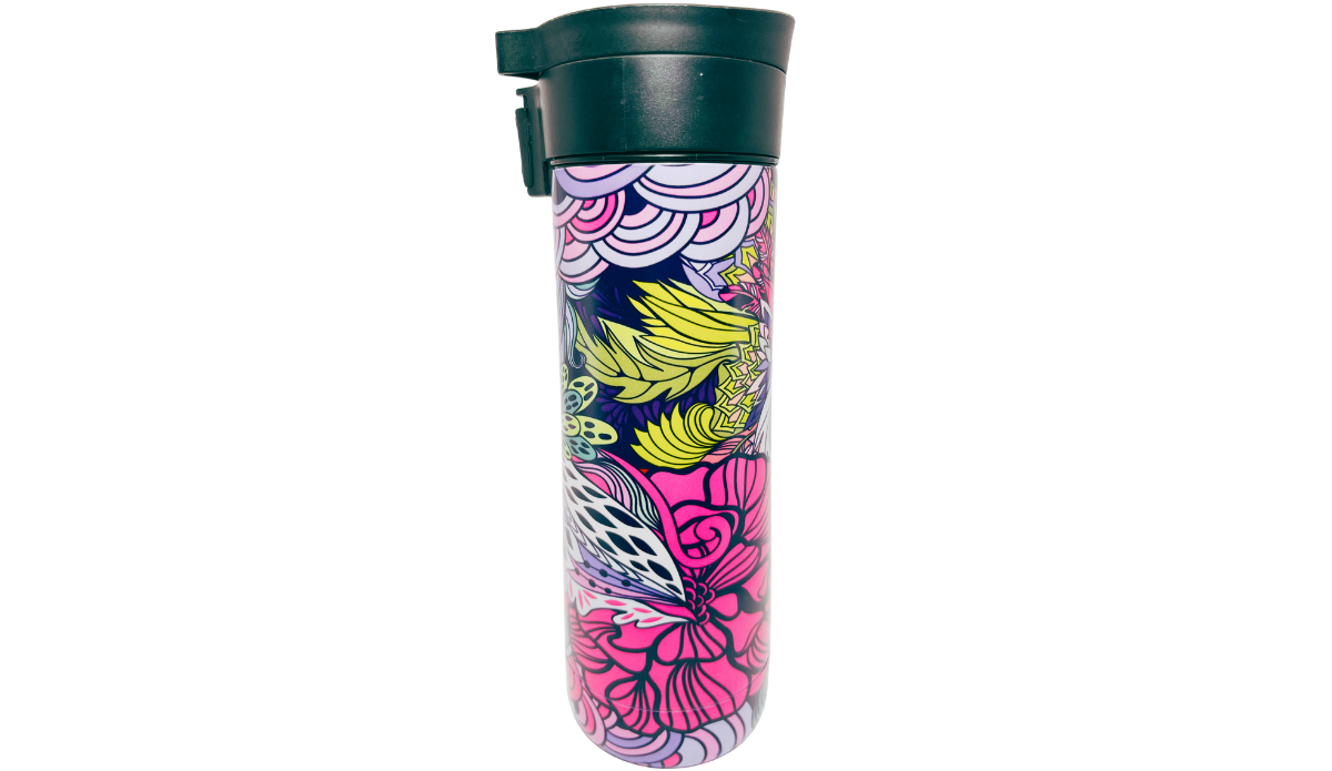 TAL Floral Water Bottle side view with large pink flower lime leaves and colorful abstract botanicals