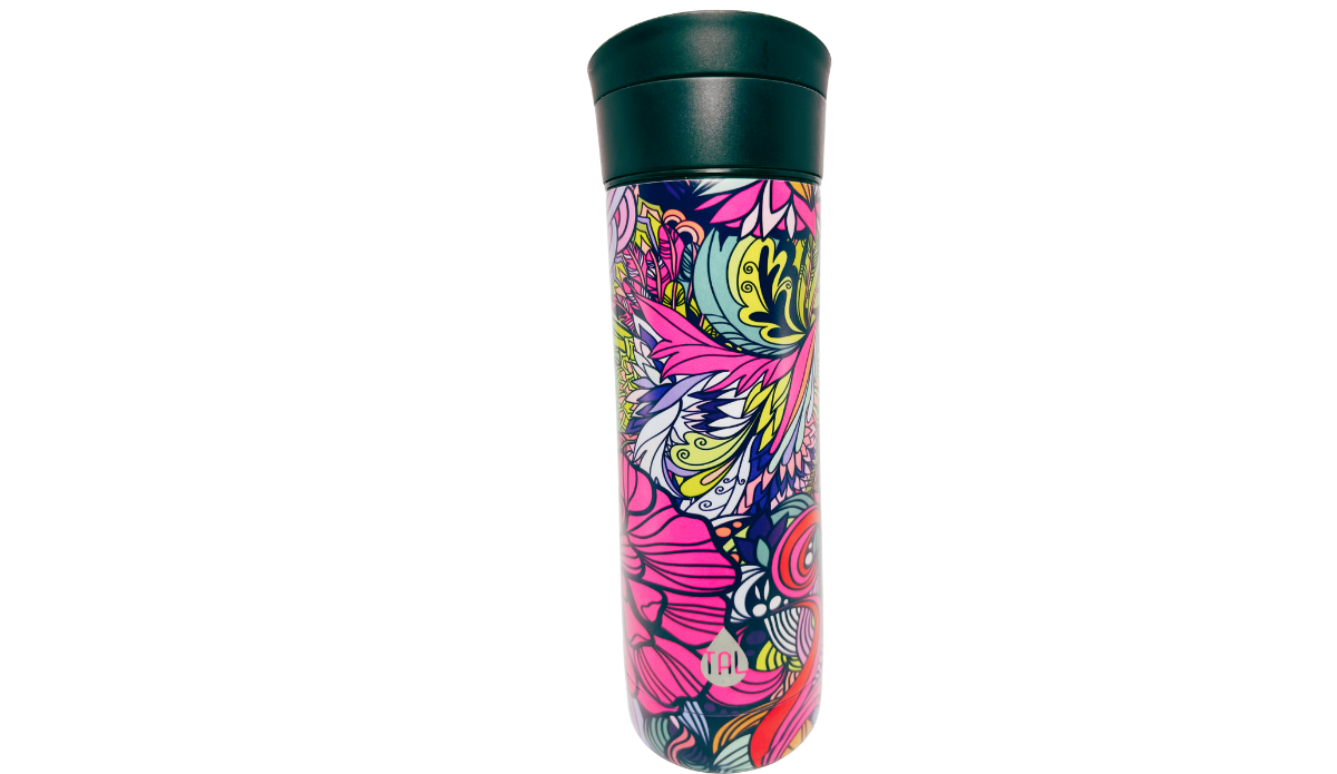 TAL Floral Water Bottle brand view with colorful floral pattern and visible TAL logo
