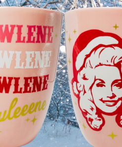 Dolly Parton Snowlene Christmas Mug front and back views in a snowy winter holiday scene