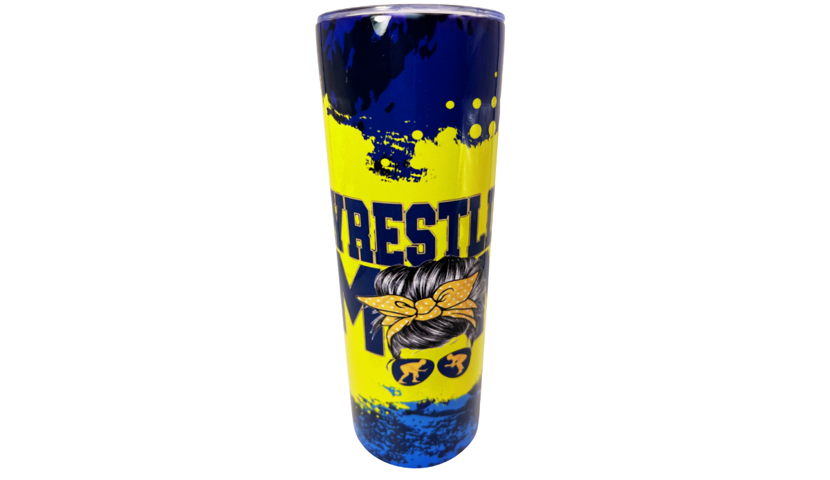 Wrestling Mom Tumbler front view with navy yellow lettering, messy bun bandana and wrestler sunglasses