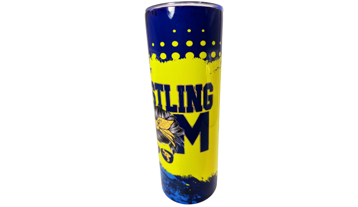 Wrestling Mom Tumbler middle view with navy Wrestling lettering, yellow bandana and oversized M graphic