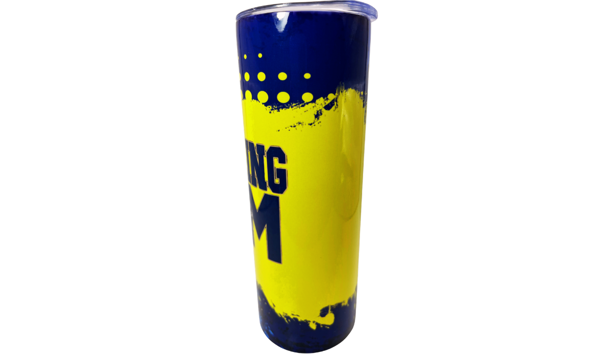 Wrestling Mom Tumbler additional view with bright yellow field, navy M and brush-style blue accents