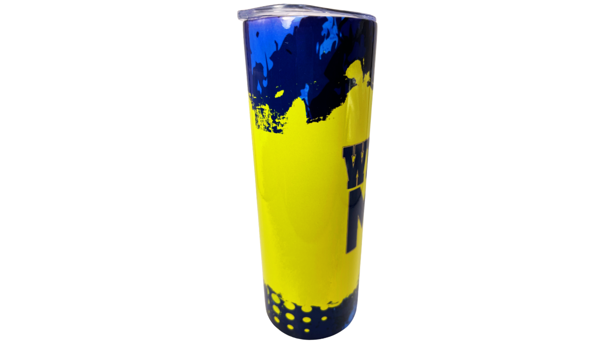 Wrestling Mom Tumbler wraparound view with yellow background, navy brush strokes and partial lettering