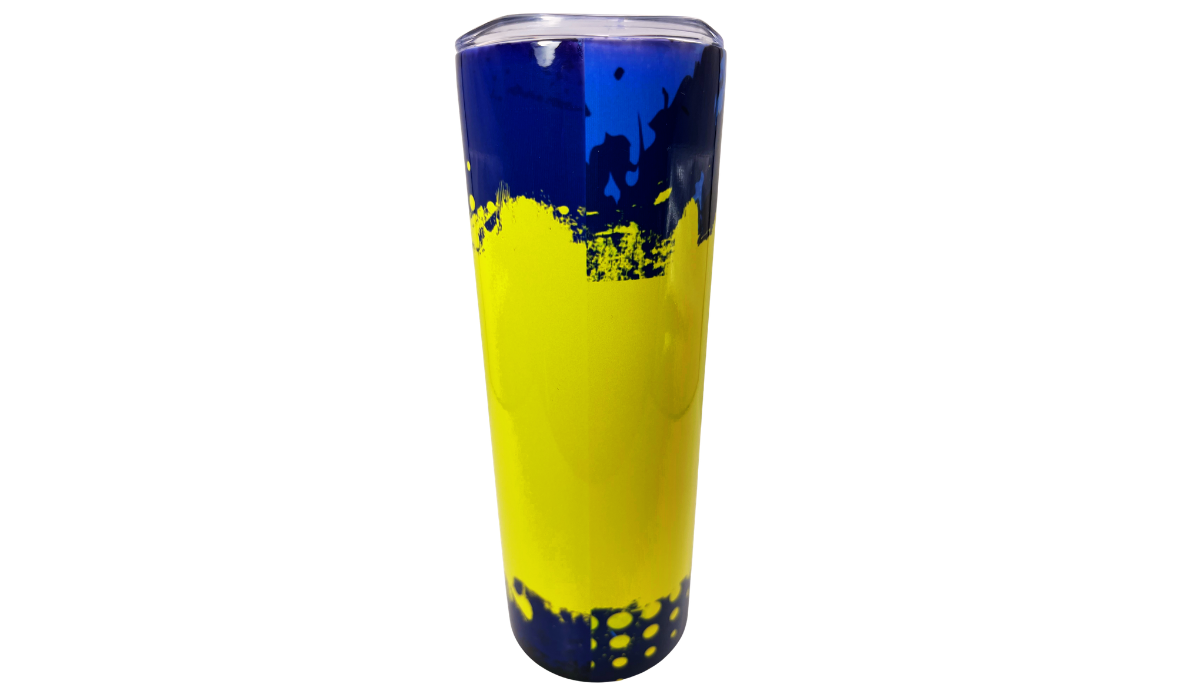 Wrestling Mom Tumbler back view with bright yellow center and navy blue brush-style border artwork