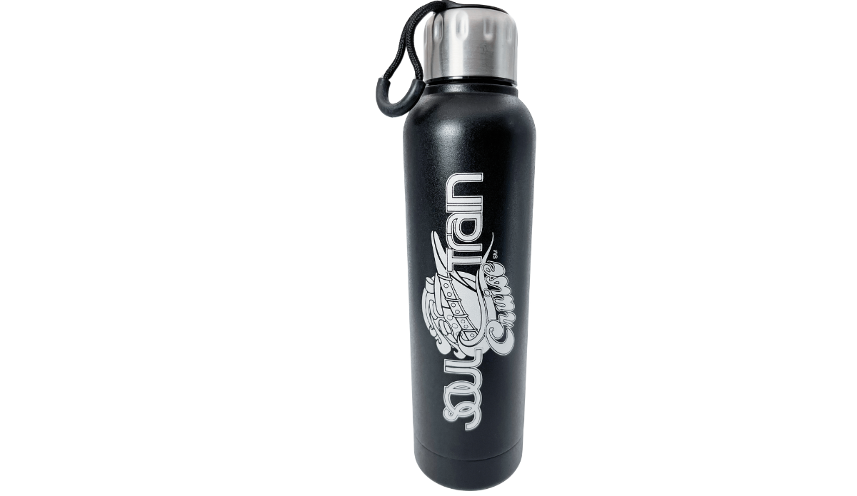 Soul Train Cruise Bottle front view with vertical logo, black body, silver-toned lid and carrying loop