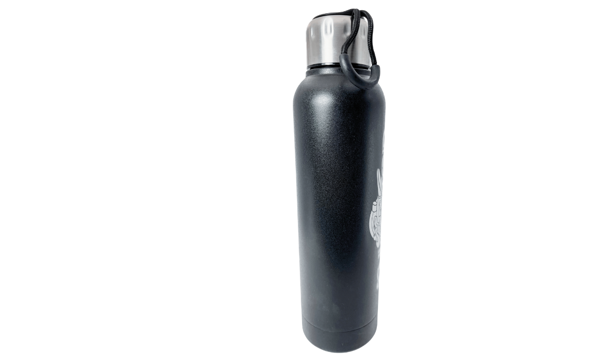 Soul Train Cruise Bottle middle view with black finish, silver-toned lid and partial logo