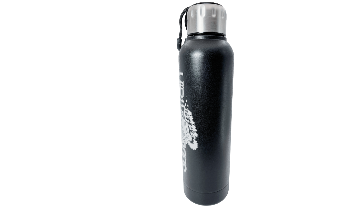 Soul Train Cruise Bottle opposite middle view with partial vertical logo and black stainless steel body