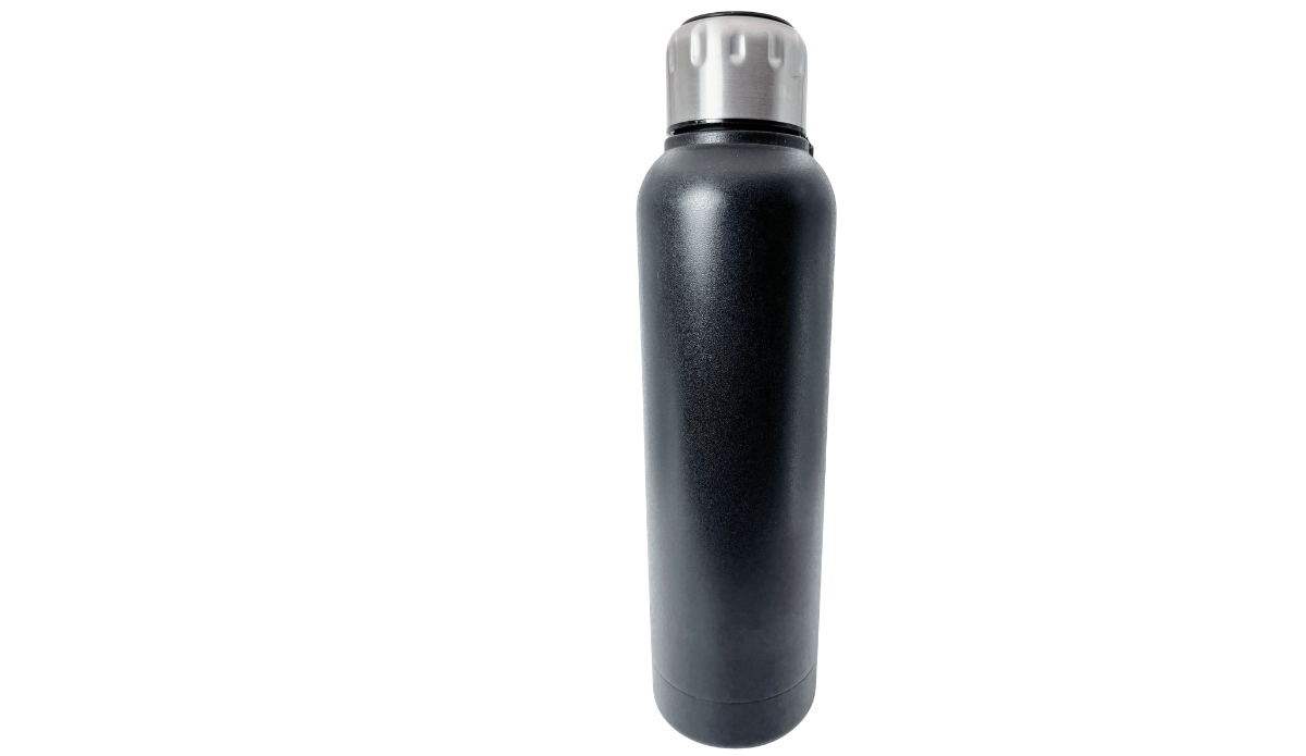 Soul Train Cruise Bottle back view with plain black body and silver-toned lid