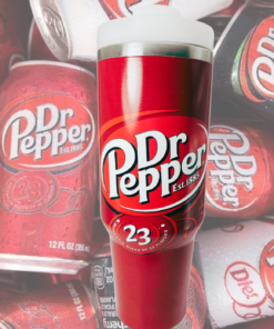 Dr Pepper Tumbler lifestyle scene with classic Dr Pepper cans and soda branding background