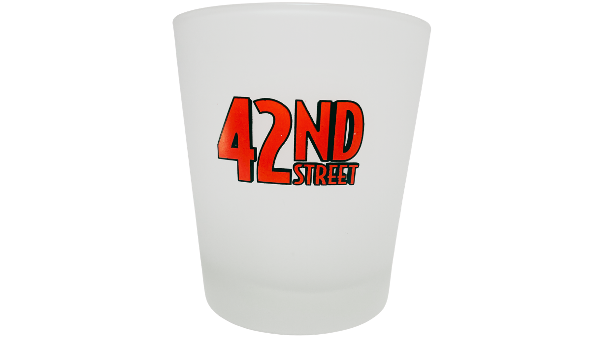 42nd Street Broadway frosted tumbler front view with bold red and black musical logo