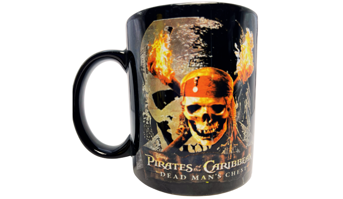 Disney Dead Mans Chest Mug back with pirate skull flames and movie title artwork