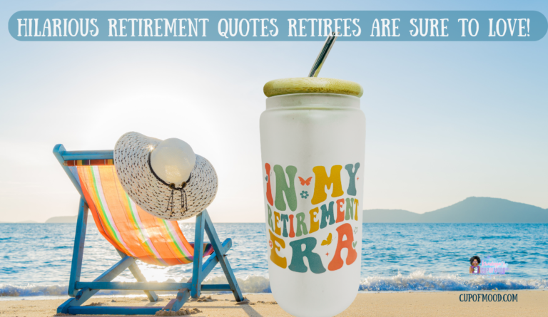 In My Retirement Era frosted glass tumbler on a beach beside a colorful chair and sun hat for a happy retirement blog image.