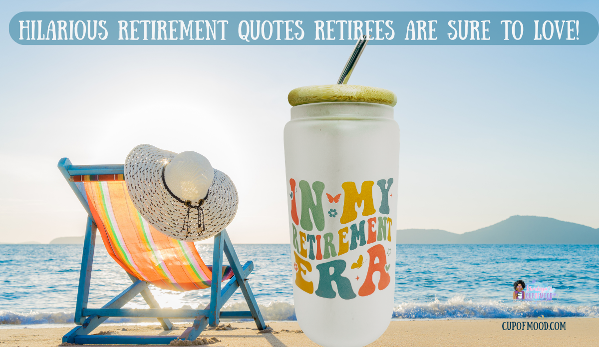 In My Retirement Era frosted glass tumbler on a beach beside a colorful chair and sun hat for a happy retirement blog image.
