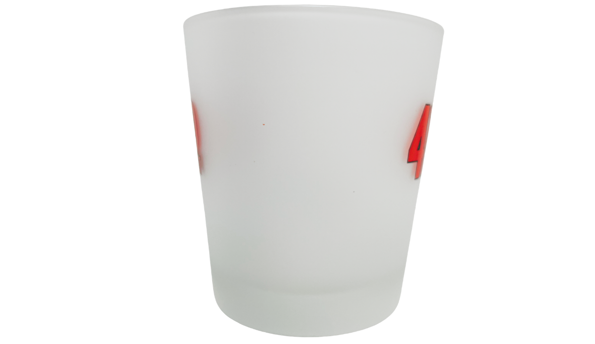 42nd Street Broadway frosted tumbler middle view between two matching red logos