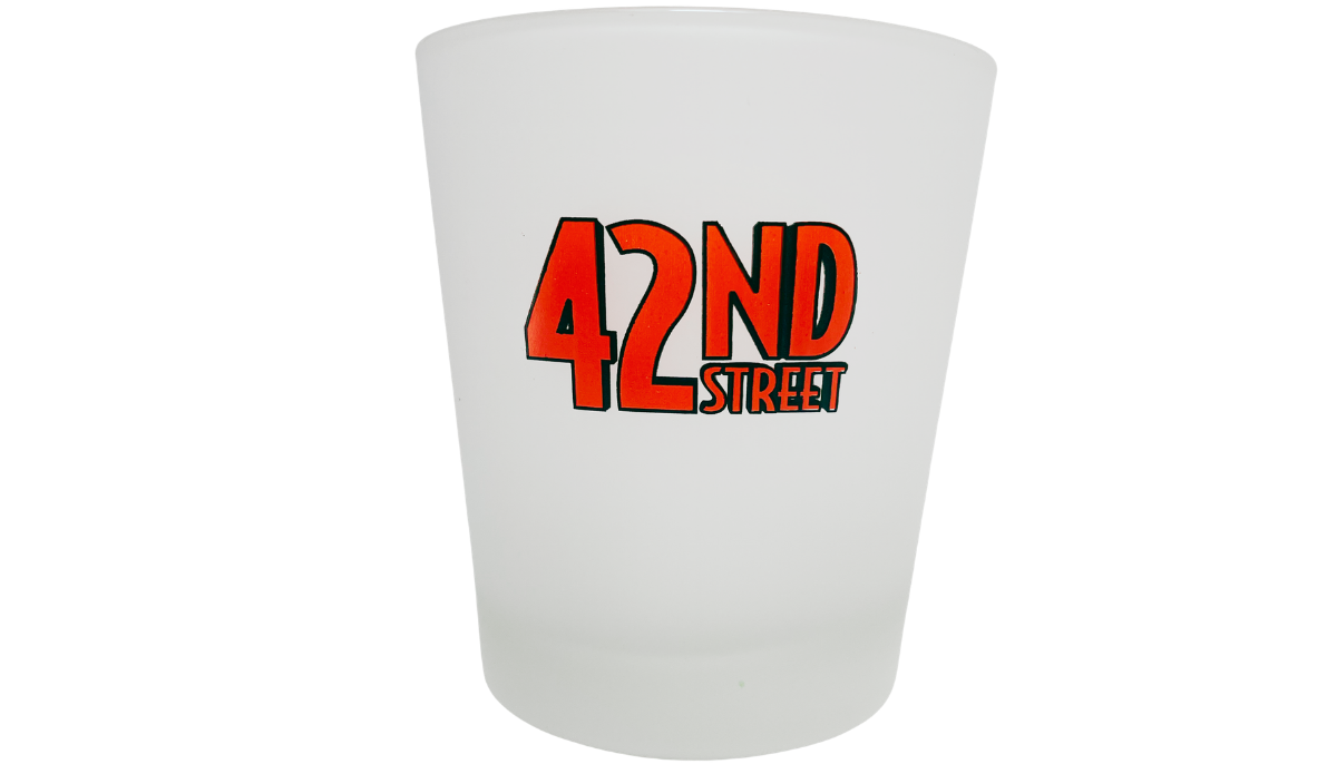 42nd Street Broadway frosted tumbler back view with matching red and black logo