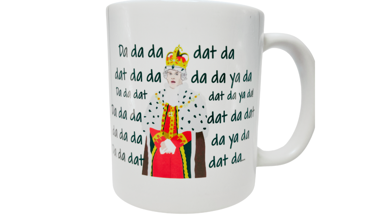 Hamilton King George mug front view with colorful royal character and da da da lettering