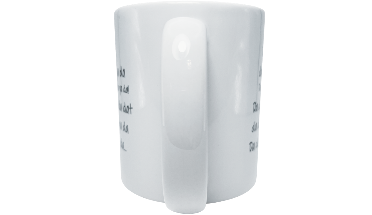 Hamilton King George mug handle view with glossy white ceramic handle and partial lettering