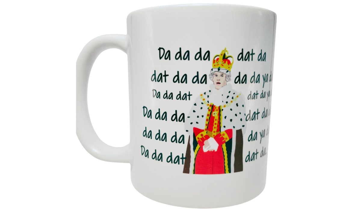 Hamilton King George mug back view with matching royal character and da da da design