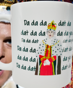Hamilton King George mug displayed against King George III stage scenes from Hamilton