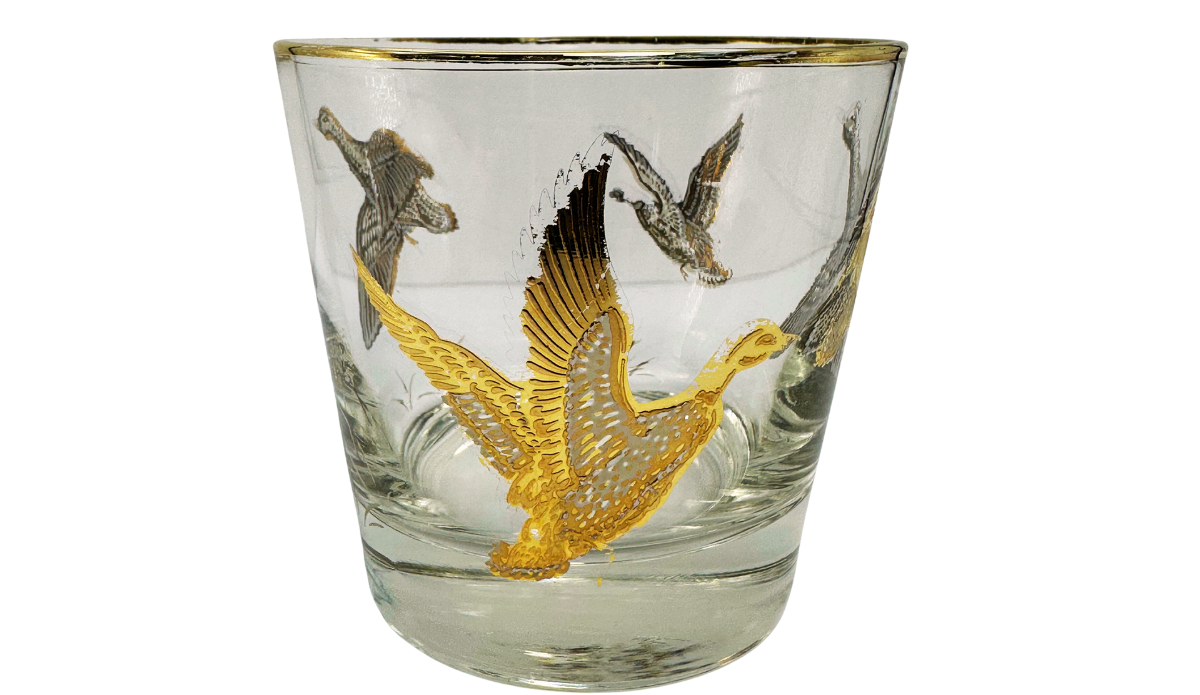 Vintage Game Bird Whiskey Glass with gold flying birds and gold-tone rim