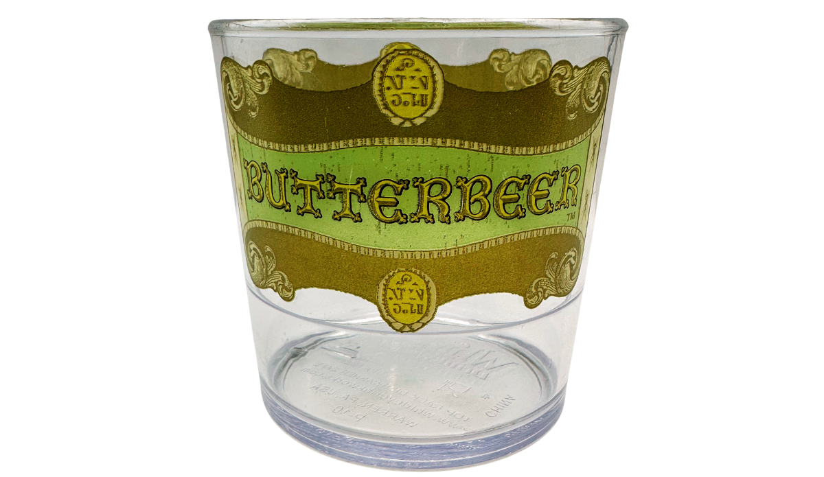 Harry Potter Clear Butterbeer Souvenir Cup front view with vintage-style Butterbeer label