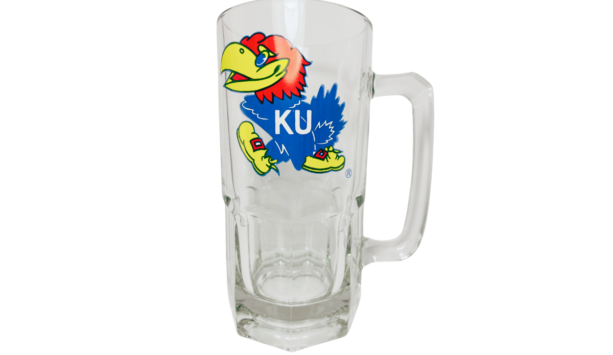 Kansas Jayhawks Glass Beer Mug with colorful Jayhawk mascot and white KU lettering