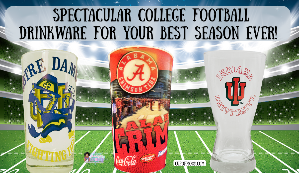 College football drinkware from Notre Dame, Alabama and Indiana University displayed in a football stadium for the CupofMood College Collection.