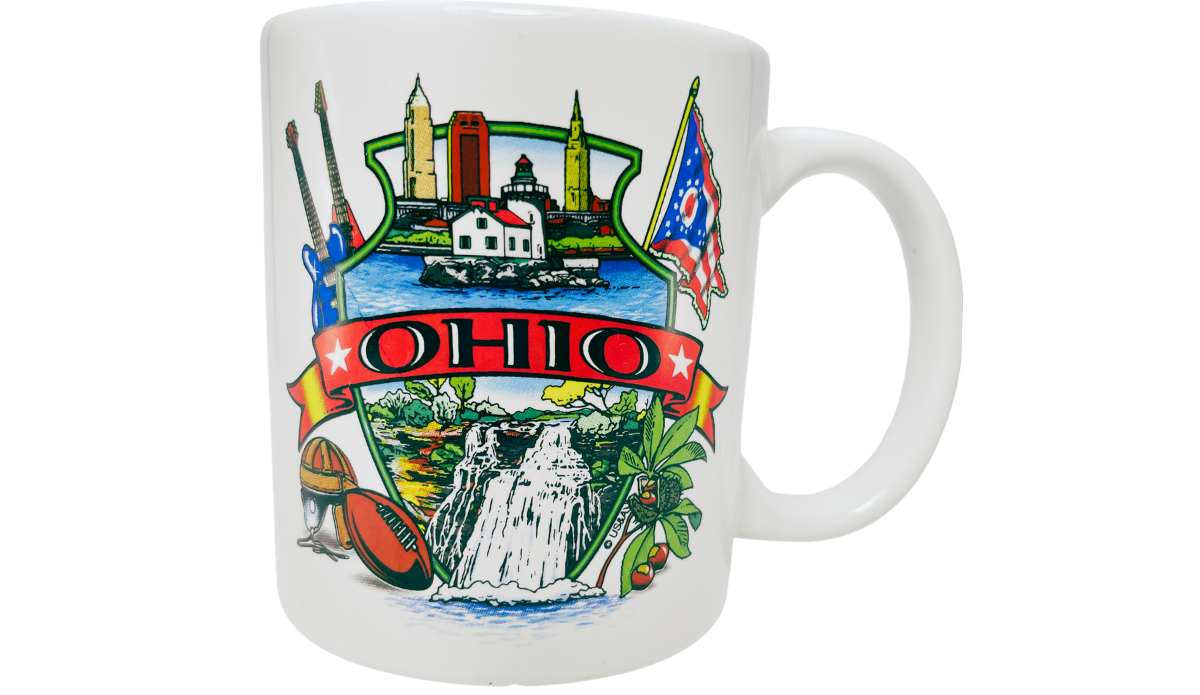Famous Ohio Sights Souvenir Mug front view with skyline, lighthouse, guitars, Ohio flag, football, and waterfall artwork