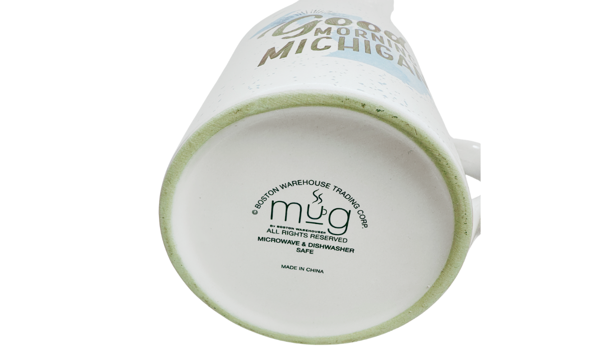 Good Morning Michigan Coffee Mug bottom view with Boston Warehouse Trading Corp maker mark