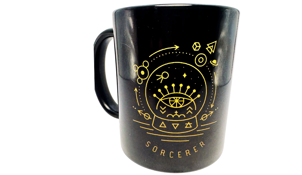 Sorcerer Crystal Ball Coffee Mug back view with glossy black ceramic and handle on left