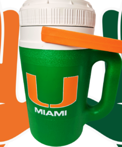 University of Miami Insulated Cooler between orange and green hands forming the U gesture