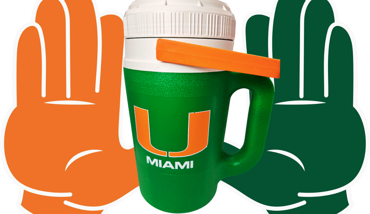 University of Miami Insulated Cooler between orange and green hands forming the U gesture