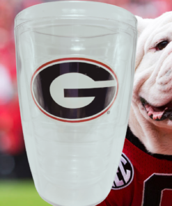 Georgia Bulldogs Clear Double Wall Tumbler displayed beside a Georgia Bulldogs mascot backdrop
