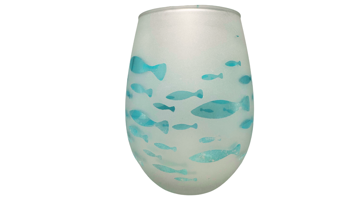 Aqua Fish Wine Glass opposite design view with turquoise fish across frosted glass